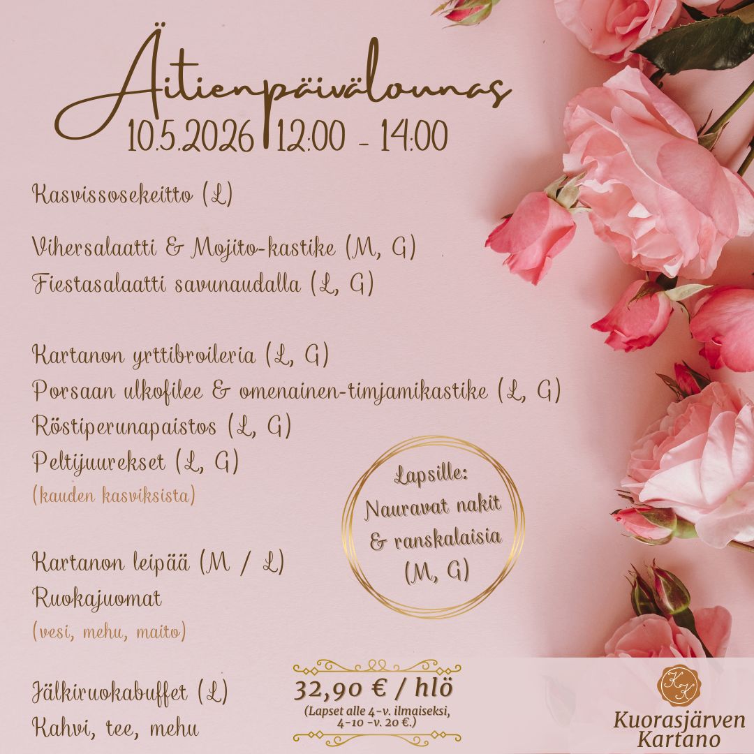 Äitienpäivälounas katettuna juhlavasti kartanomiljöössä.