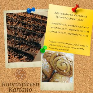 Kuorasjärven Kartanon leivontapäivät 2026 – ennakkotilattavat tuoreet leivonnaiset, kuten korvapuustit ja Saaristolaisleipä, noudettavissa syksyn valittuina leivontapäivinä.